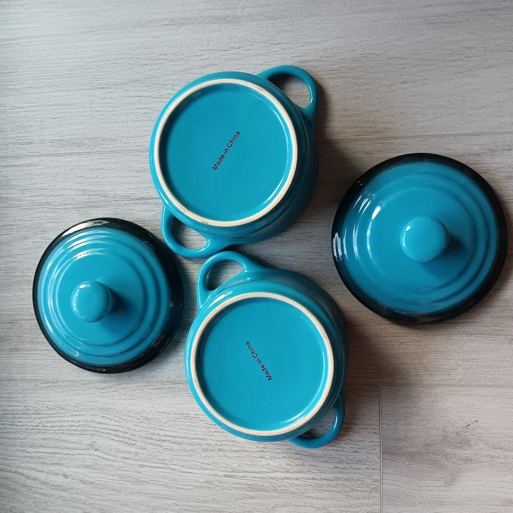 Pair of Ceramic Bowls with Lids & Handles Aqua Blue White 4.5